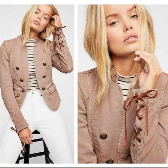 FREE PEOPLE Jagger Blazer S Western Military Jacket Lace Up Cuff Preowned - Picture 1 of 14